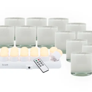 Securit® Sæt 12 stk. AYLA glasstager, 12 stk. LED fyfadslys og ladestation, hvid/hvidt lys